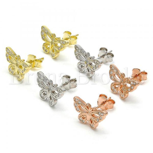 Sterling Silver Stud Earring, Butterfly Design, with Cubic Zirconia, Rhodium Tone