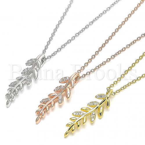 Sterling Silver Fancy Necklace, Leaf Design, with Micro Pave, Rhodium Tone