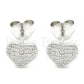 Sterling Silver Stud Earring, Heart Design, with Cubic Zirconia, Rhodium Tone