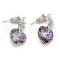 Rhodium Plated Long Earring, Heart Design, with Swarovski Crystals and Cubic Zirconia, Rhodium Tone