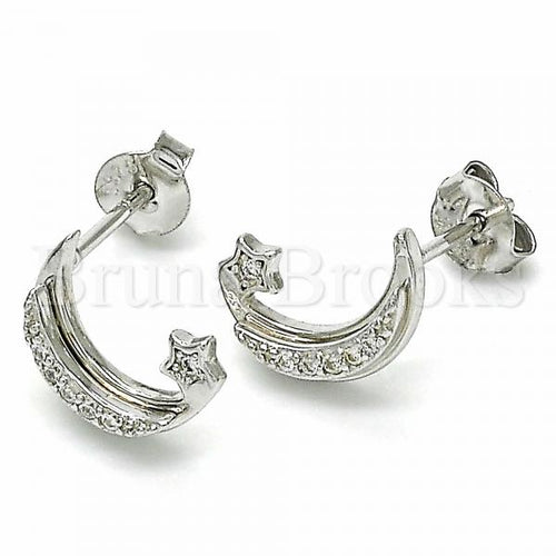 Sterling Silver 02.367.0003 Stud Earring, Moon and Star Design, with White Crystal, Polished Finish, Rhodium Tone