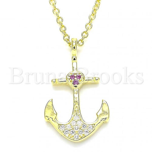 Bruna Brooks Sterling Silver 04.336.0187.2.16 Fancy Necklace, Anchor and Heart Design, with Ruby and White Micro Pave, Polished Finish, Golden Tone