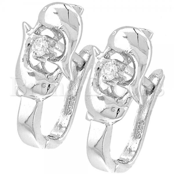 Bruna Brooks Sterling Silver 02.176.0026 Huggie Hoop, Dolphin Design, with White Cubic Zirconia, Polished Finish, Rhodium Tone