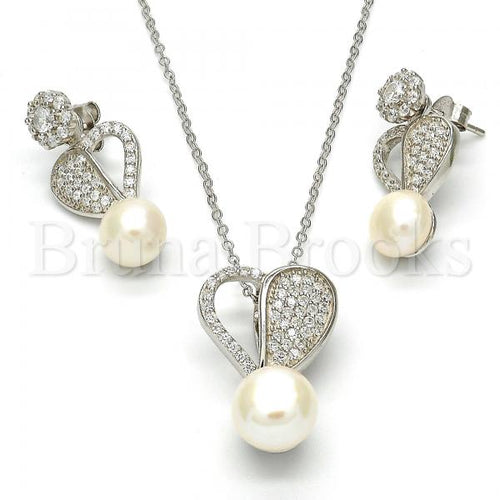 Bruna Brooks Sterling Silver 10.175.0033 Earring and Pendant Adult Set, Heart and Ball Design, with White Micro Pave and Ivory Pearl, Polished Finish, Rhodium Tone