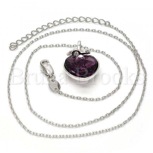 Rhodium Plated 04.239.0015.1.16 Fancy Necklace, Heart and key Design, with Amethyst Swarovski Crystals and White Micro Pave, Polished Finish, Rhodium Tone