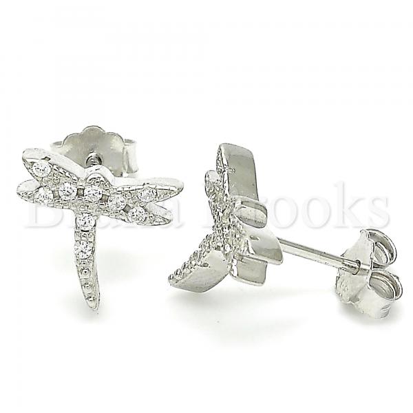 Sterling Silver Stud Earring, Dragon-Fly Design, with Crystal, Rhodium Tone