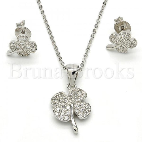 Bruna Brooks Sterling Silver 10.275.0009 Earring and Pendant Adult Set, Leaf Design, with White Micro Pave, Polished Finish, Rhodium Tone