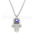 Bruna Brooks Sterling Silver 04.336.0178.16 Fancy Necklace, Hand of God and Greek Eye Design, with White Crystal, Blue Enamel Finish, Rhodium Tone
