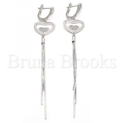 Bruna Brooks Sterling Silver 02.186.0094 Long Earring, Heart Design, with White Micro Pave, Polished Finish, Rhodium Tone