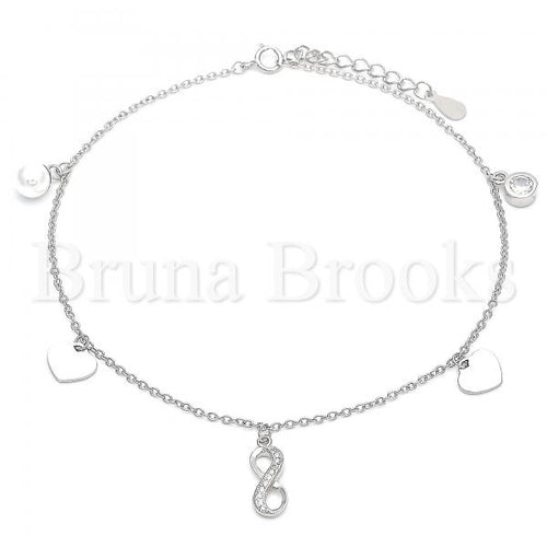 Bruna Brooks Sterling Silver 03.336.0047.10 Charm Anklet , Infinite and Heart Design, with White Micro Pave and White Cubic Zirconia, Polished Finish, Rhodium Tone