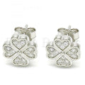 Sterling Silver Stud Earring, Four-leaf Clover Design, with Micro Pave, Rhodium Tone