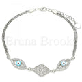 Bruna Brooks Sterling Silver 03.286.0009.07 Fancy Bracelet, Greek Eye Design, with White Micro Pave and White Cubic Zirconia, Turquoise Enamel Finish, Rhodium Tone