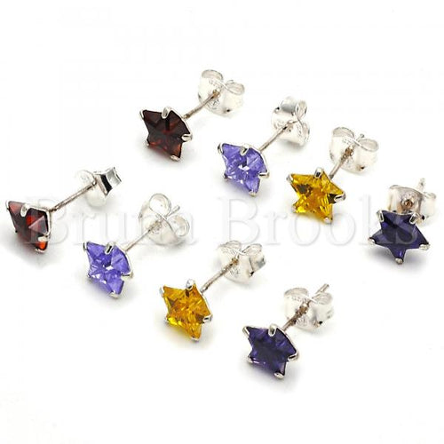 Sterling Silver Stud Earring, Star Design, with Cubic Zirconia,