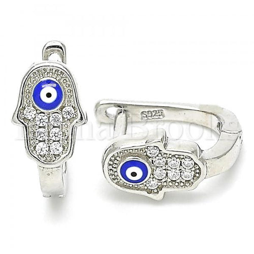 Bruna Brooks Sterling Silver 02.336.0155.12 Huggie Hoop, Hand of God and Greek Eye Design, with White Crystal, Blue Enamel Finish, Rhodium Tone
