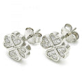 Sterling Silver Stud Earring, Four-leaf Clover Design, with Micro Pave, Rhodium Tone