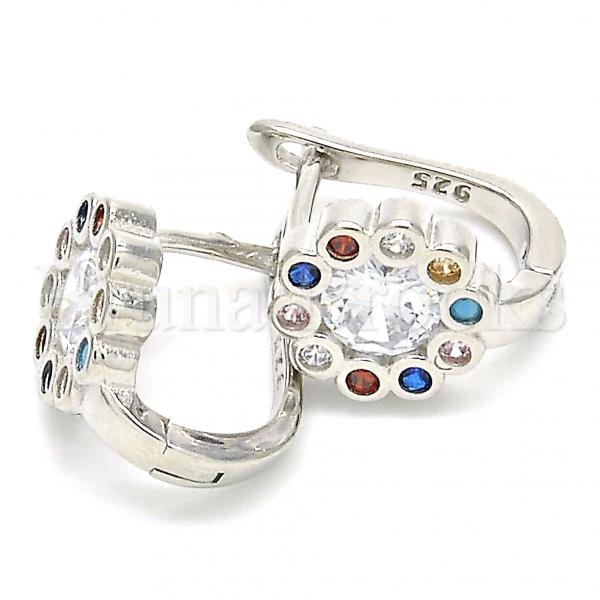 Sterling Silver 02.186.0186.12 Huggie Hoop, Flower Design, with Multicolor Cubic Zirconia, Polished Finish, Rhodium Tone
