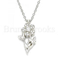 Sterling Silver Fancy Necklace, Flower and Butterfly Design, with Cubic Zirconia, Rhodium Tone