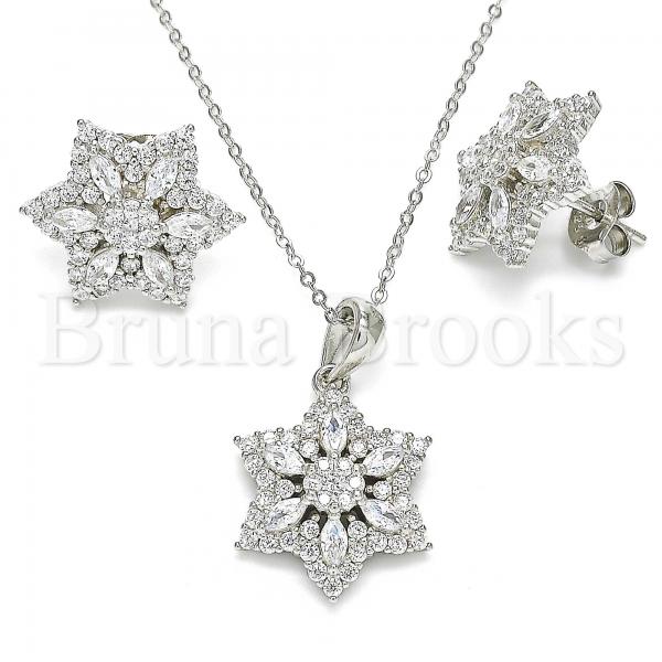 Sterling Silver Earring and Pendant Adult Set, Flower Design, with Cubic Zirconia, Rhodium Tone