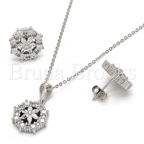 Sterling Silver 10.175.0020 Earring and Pendant Adult Set, Flower Design, with White Cubic Zirconia, Polished Finish, Rhodium Tone