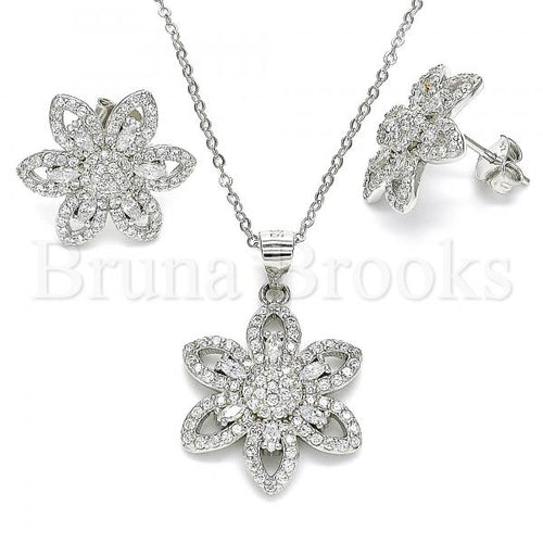 Bruna Brooks Sterling Silver 10.286.0039 Earring and Pendant Adult Set, Flower Design, with White Cubic Zirconia, Polished Finish, Rhodium Tone