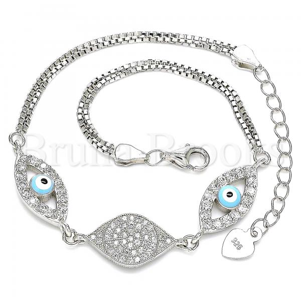 Sterling Silver 03.286.0009.07 Fancy Bracelet, Greek Eye Design, with White Micro Pave and White Cubic Zirconia, Turquoise Enamel Finish, Rhodium Tone