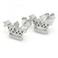 Sterling Silver Stud Earring, Crown Design, with Cubic Zirconia and Crystal, Rhodium Tone