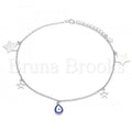 Bruna Brooks Sterling Silver 03.336.0050.10 Charm Anklet , Teardrop and Star Design, Blue Enamel Finish, Rhodium Tone