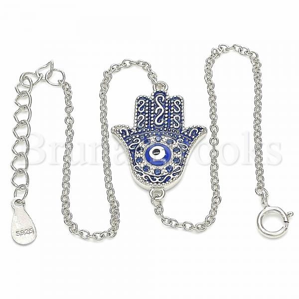 Sterling Silver 03.336.0077.08 Fancy Bracelet, Hand of God and Greek Eye Design, with White Micro Pave, Blue Enamel Finish, Rhodium Tone