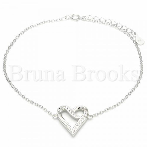 Bruna Brooks Sterling Silver 03.336.0085.08 Fancy Bracelet, Heart Design, with White Crystal, Polished Finish, Rhodium Tone