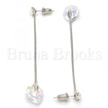 Rhodium Plated Long Earring, Heart and Star Design, with Swarovski Crystals, Rhodium Tone