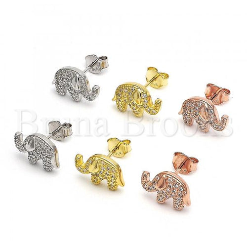 Sterling Silver Stud Earring, Elephant Design, with Micro Pave, Rhodium Tone