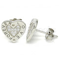 Sterling Silver Stud Earring, Heart and Love Design, with Micro Pave, Rhodium Tone