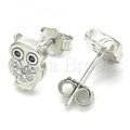 Sterling Silver Stud Earring, Owl Design, with Cubic Zirconia, Rhodium Tone