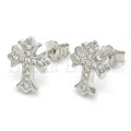 Sterling Silver Stud Earring, Cross Design, with Micro Pave, Rhodium Tone