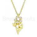 Sterling Silver Fancy Necklace, Flower and Butterfly Design, with Cubic Zirconia, Rhodium Tone