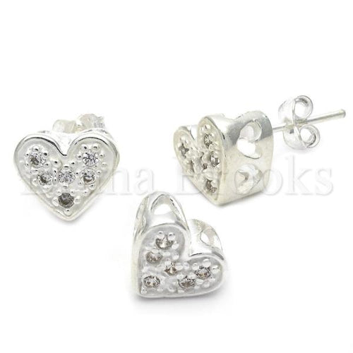 Bruna Brooks Sterling Silver 10.166.0017 Earring and Pendant Adult Set, Heart Design, with White Cubic Zirconia, Silver Tone