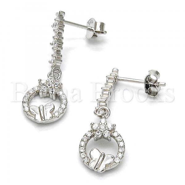 Sterling Silver 02.175.0129 Dangle Earring, Flower and Butterfly Design, with White Cubic Zirconia and White Crystal, Polished Finish, Rhodium Tone
