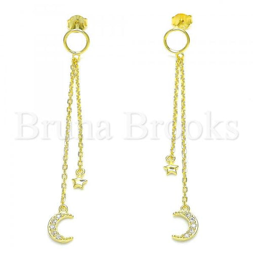 Bruna Brooks Sterling Silver 02.366.0005.1 Long Earring, Moon and Star Design, with White Cubic Zirconia, Polished Finish, Golden Tone