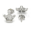 Sterling Silver Stud Earring, Crown Design, with Cubic Zirconia, Rhodium Tone