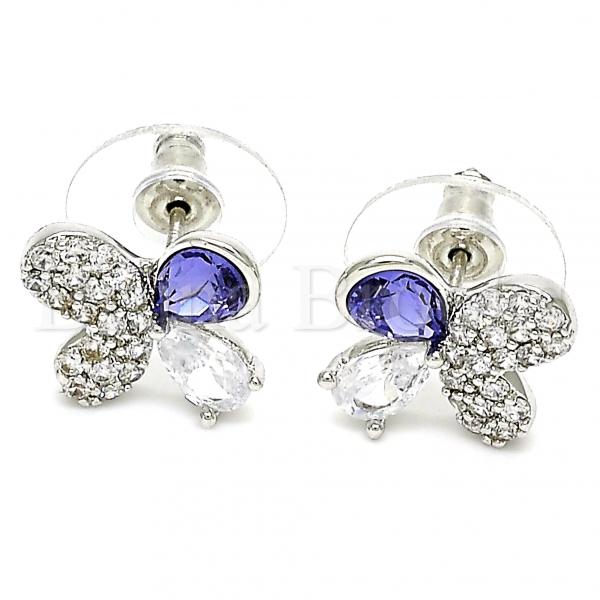 Rhodium Plated 02.26.0263 Stud Earring, Butterfly Design, with Tanzanite Swarovski Crystals and White Cubic Zirconia, Polished Finish, Rhodium Tone