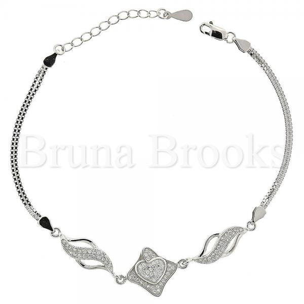 Bruna Brooks Sterling Silver 03.183.0014 Fancy Bracelet, Heart Design, with White Micro Pave, Polished Finish, Rhodium Tone