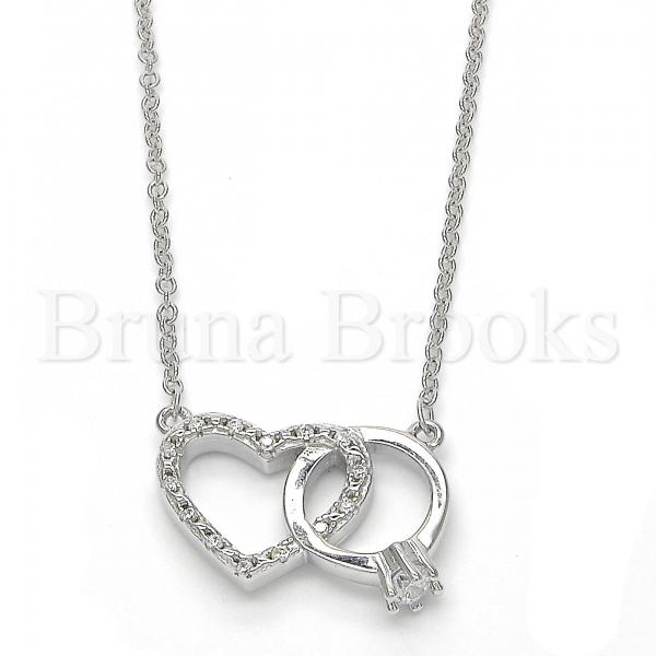 Sterling Silver Fancy Necklace, Heart Design, with Cubic Zirconia and Crystal, Rhodium Tone