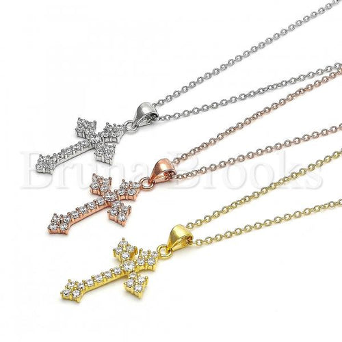 Sterling Silver Fancy Necklace, Cross Design, with Cubic Zirconia, Rose Gold Tone