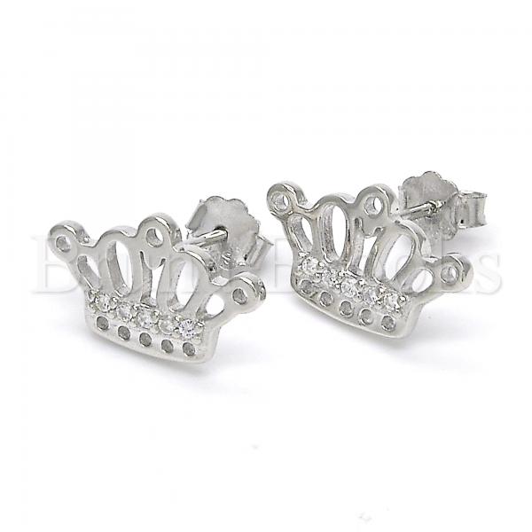 Sterling Silver 02.336.0002 Stud Earring, Crown Design, with White Cubic Zirconia, Polished Finish, Rhodium Tone