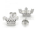 Sterling Silver Stud Earring, Crown Design, with Cubic Zirconia and Crystal, Rhodium Tone