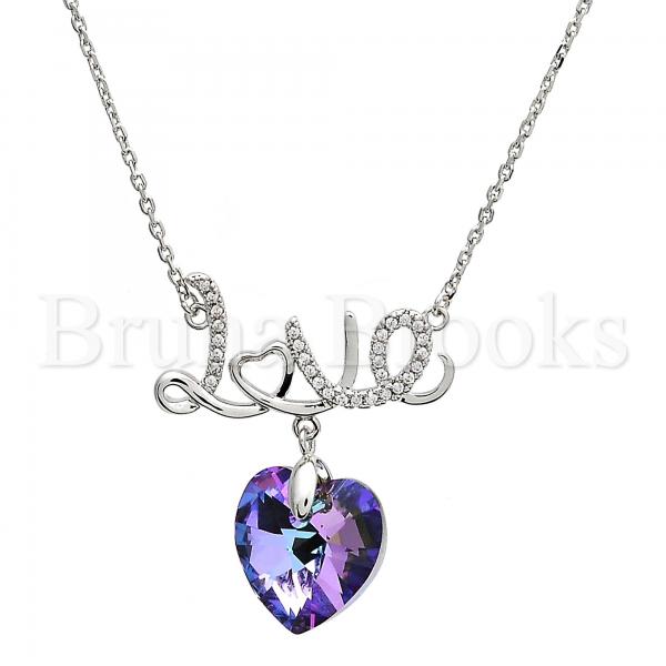 Rhodium Plated Fancy Necklace, Heart and Love Design, with Swarovski Crystals and Micro Pave, Rhodium Tone