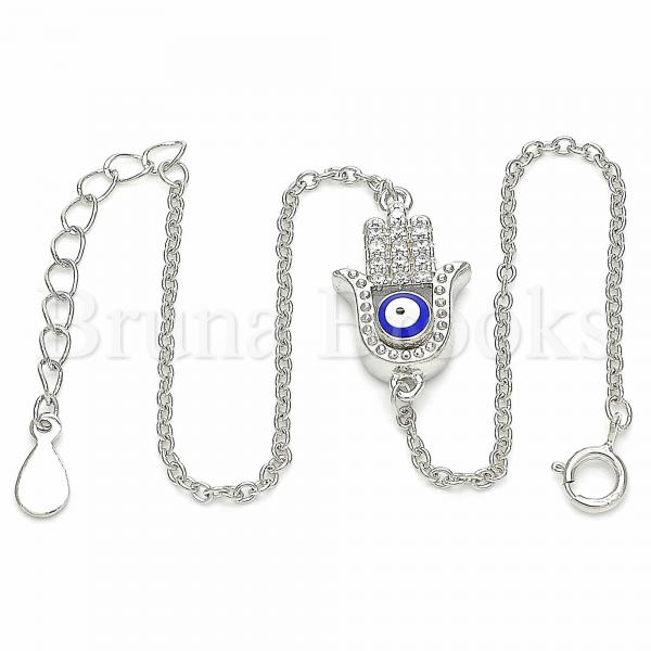 Sterling Silver 03.336.0090.07 Fancy Bracelet, Hand of God and Greek Eye Design, with White Crystal, Blue Enamel Finish, Rhodium Tone