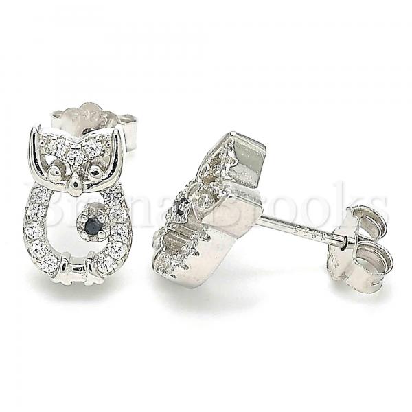 Sterling Silver Stud Earring, Owl Design, with Crystal, Rhodium Tone