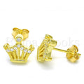 Sterling Silver Stud Earring, Crown Design, with Cubic Zirconia, Rhodium Tone