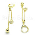 Sterling Silver Long Earring, Heart and Crown Design, with Micro Pave, Golden Tone